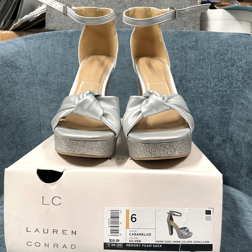 Size 6 Lauren Conrad Chunky Heels glittery and silver ankle strap